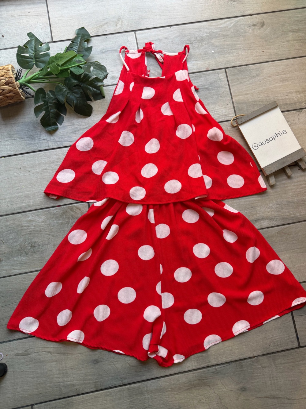 Paolino Red Polka Dot Minnie Mouse Halter Romper w Flowy Overlay.  Size M